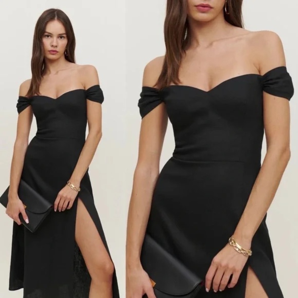 Reformation Bridgton Off-Shoulder Linen Midi Dress in Black